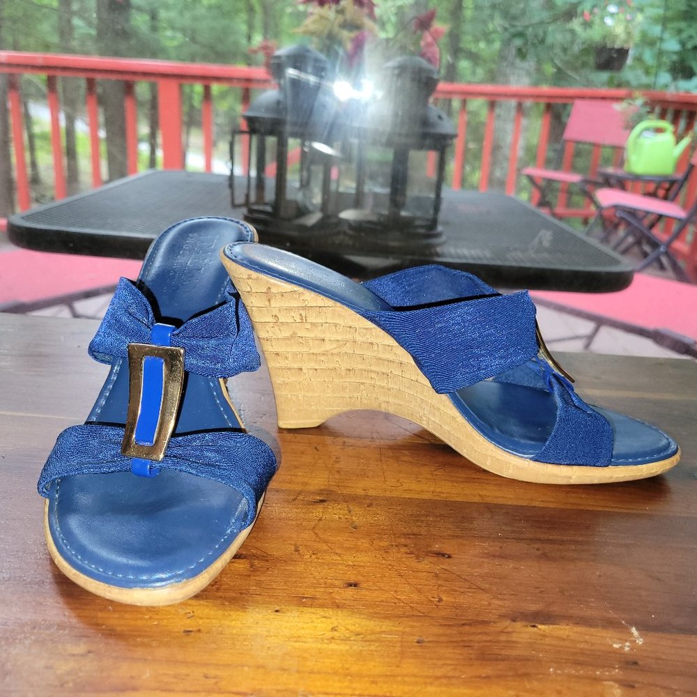 Italian Show Makers Blue Wedge Sandals with Gold Buckle